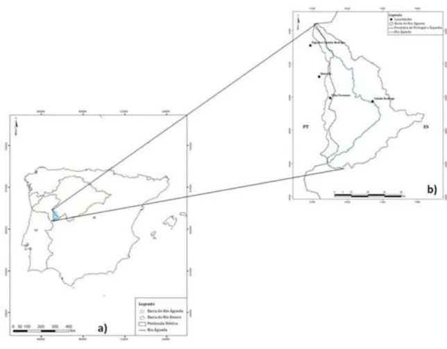 Figura 1: a) Localização geográfica do rio Águeda;  b) Delimitação da bacia hidrográfica  do rio Águeda PT- Portugal; ES- Espanha 