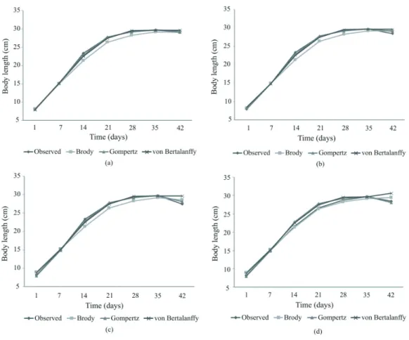 Figure 3 - Body length estimation curves obtained through three different growth curve models, according to the colors of light being  applied.