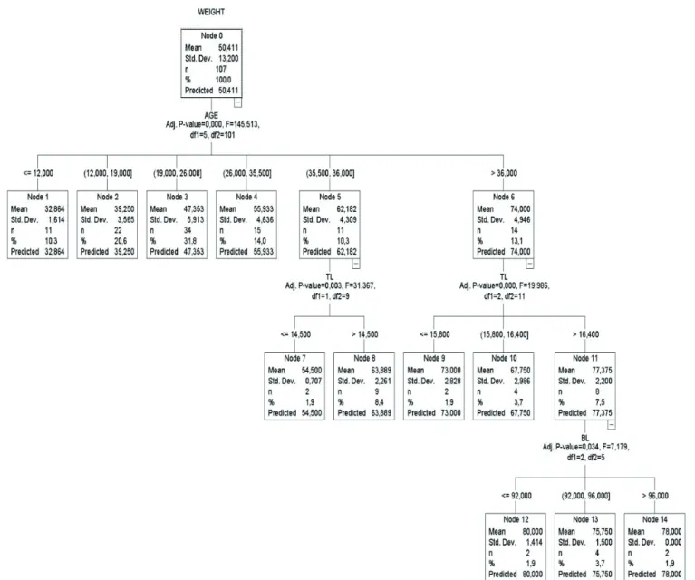 Figure 2 - Regression tree structure of Exhaustive CHAID algorithm.