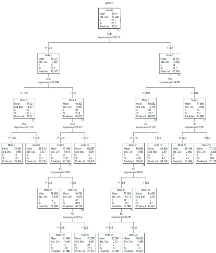Figure 3 - Regression decision tree diagram for body weight in sheep using CART algorithm.