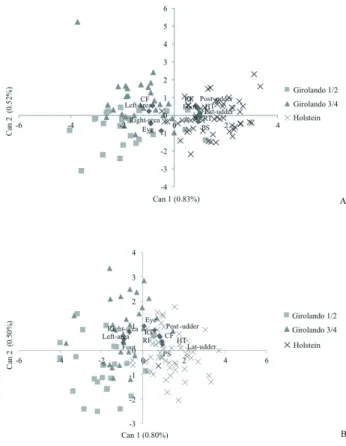 Table  5  -  Discriminant  analysis  of  physiological  variables  with  measurements  of  infrared  thermography  of  different  genetic  groups  (½  HO,  ¾  HO,  and  HO)  in  the  afternoon 