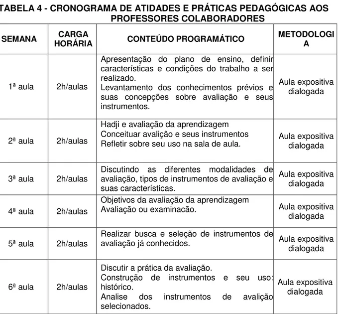 TABELA 4 - CRONOGRAMA DE ATIDADES E PRÁTICAS PEDAGÓGICAS AOS  PROFESSORES COLABORADORES 