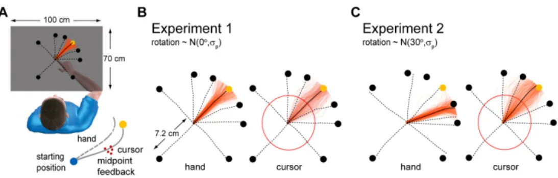Figure  3.1.  Experimental  setup  and  typical  trajectory  data.  A,  Subjects  move  a  hidden cursor from a starting position to a target (yellow) by moving their occluded  right  index  finger