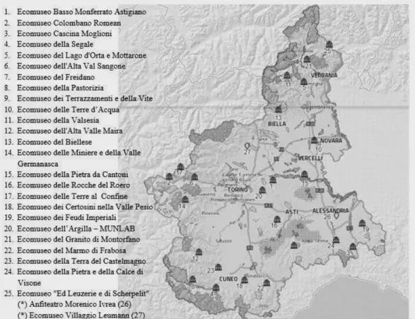 Mapa  2  -  Distribuição  dos  Ecomuseus  na  região  do  Piemonte.  Fonte:  Rete  Ecomusei  Piemonte