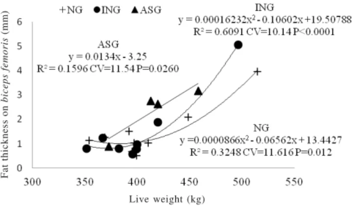 Figure 4 - Evolution of fat thickness on the 12 th  and 13 th  ribs as a function of live weight in Aberdeen Angus steers finished on natural grassland (NG), improved-natural grassland (ING) and annual summer grassland – sorghum (ASG), measured by ultrasou