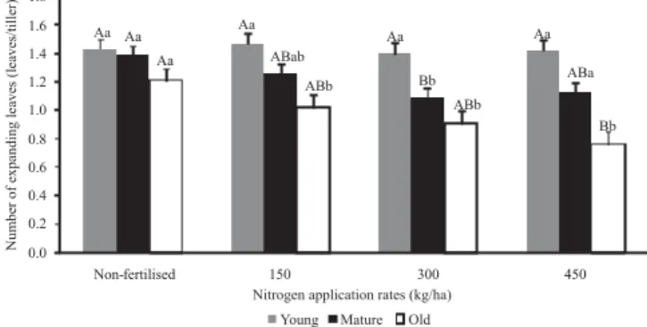 Figure 2 - Number of expanding leaves per tiller according to tiller age categories on continuously stocked marandu palisade grass maintained at 30 cm and fertilized with nitrogen in summer 2008.