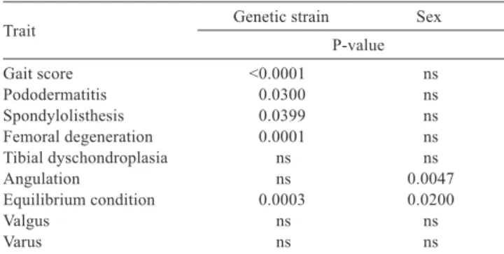 Table  5    -  Frequency  (%)  of  leg  disorders  (pododermatitis,  spondylolisthesis,  femoral  degeneration,  and  tibial  dyschondroplasia)  in  broilers  from  commercial  genetic strains and the indigenous chicken