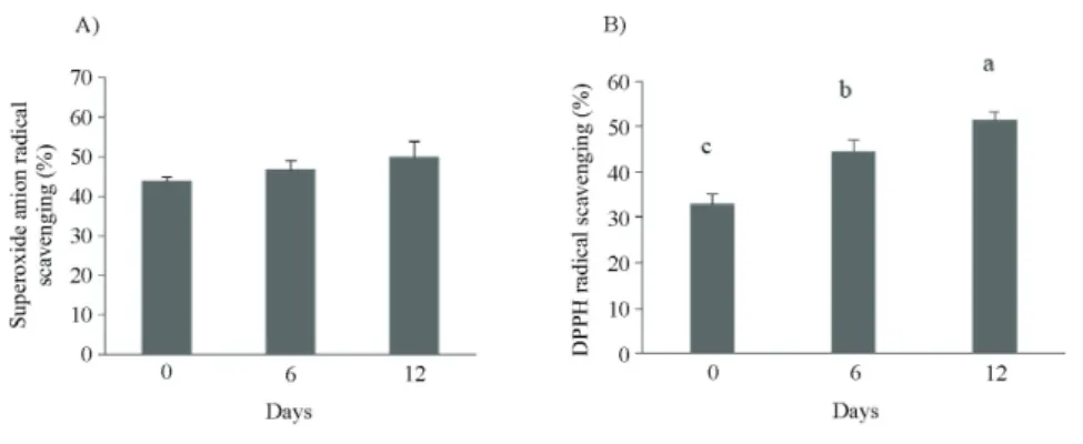 Figure 1 - Superoxide anion (A) and DPPH (B) free radicals scavenging activity of wheat bran fermented by white rot fungi at 0, 6,  and 12 days