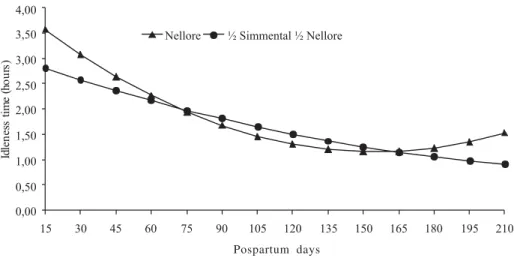 Figure 3 - Idleness of Nellore dams of straightbred or crossbred calves, as adjusted to postpartum days.