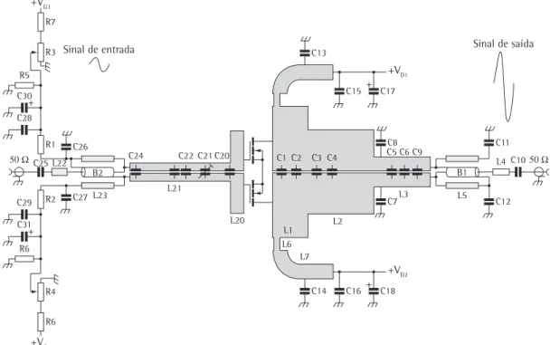 Figura 1. Um esquema eletrônico de um amplificador de potência. Fonte: Linear Equipamentos Eletrônicos SA.