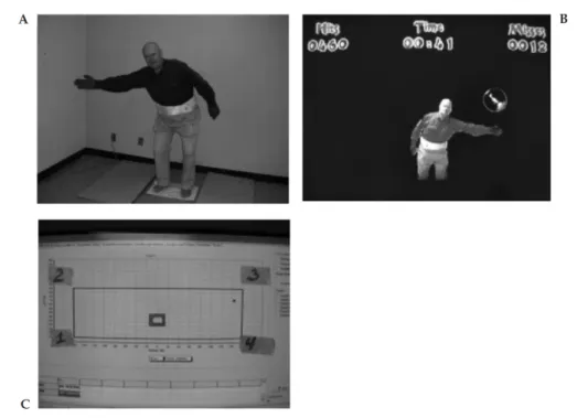 Figure  3  –  Example  of  a  biofeedback  training  session  [13]  -  (A)  The  participant  stands  in  front  of  the  camera  and  television  monitor  while  working  on  one  of  the  activities  involving  reaching