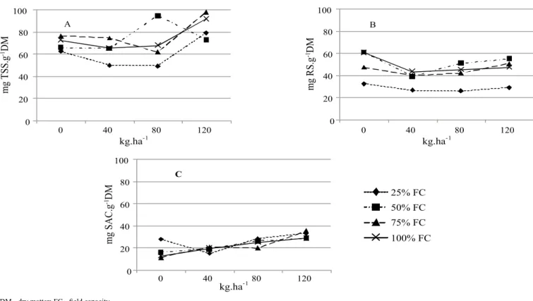 Figure 4 - Total soluble sugars (TSS; A), reducing sugars (RS; B) and saccharose (SAC; C) in the roots of Arachis pintoi cv