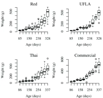 Figure 1 - Box-plot of the body weight according to age of Red,  UFLA, Thai and Commercial strains.
