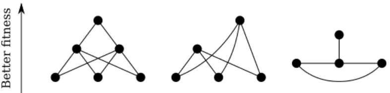 Figure 2.1.3: In this scheme are represented three, very simple, fitness landscapes. Each node represents a solution, which are sorted on the y axis depending on their fitness value