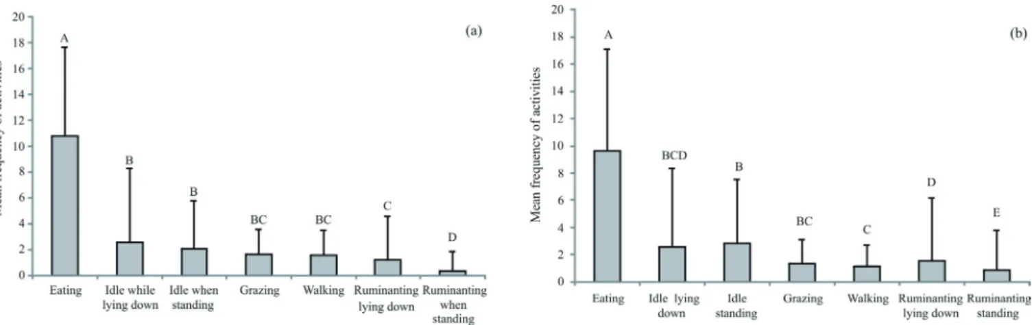 Figure 2 - Frequency of behavioral activities in the morning (a) and afternoon (b) for Saanen goats on native pasture.
