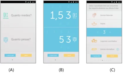 Figure  15  Screenshots  from  the  behaviour  assessment  questionnaire.  Users  select  items  by  tapping  on  them (A) and change values by swiping up and down (B) or left and right (C)