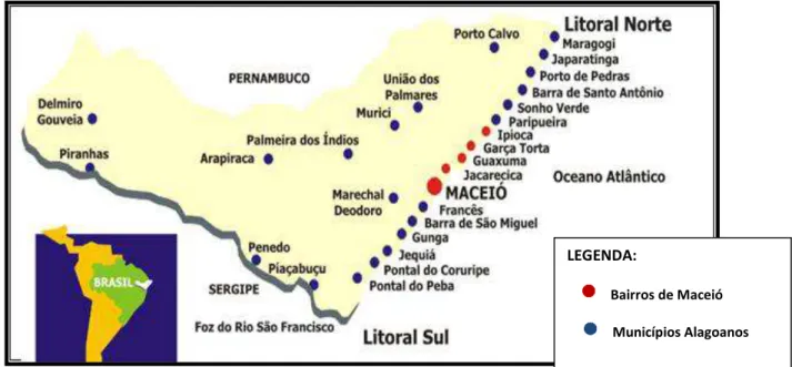 Figura 01: Mapa de Alagoas com os Municípios da Costa litorânea, do norte ao sul do estado, Sertão e Agreste