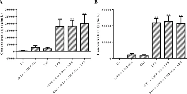 Figure  III.2-  Concentrations  of  TNF-α  (A)  and  IL-6  (B)  released  by  BMDCs,  determined  by  ELISA