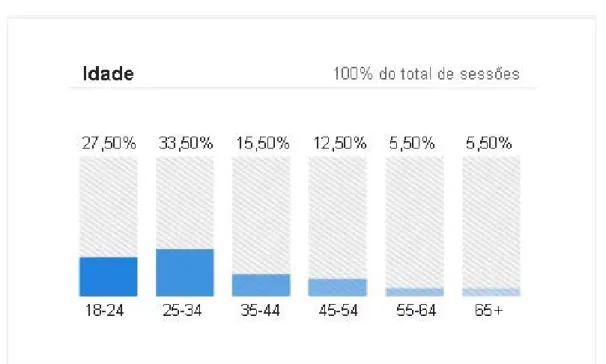 Figura 8. Idade dos visitantes do domínio arte-coa.pt desde 23 de Junho de 2014 até 28 de Abril de 2015