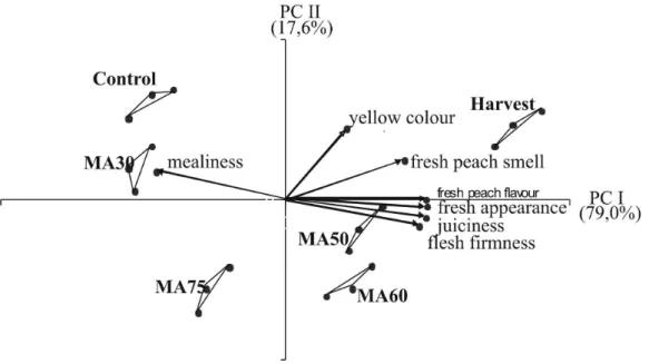 FIGURE 1 – Principal Component Analysis (PCA) of sensory data of ‘Douradão’ peaches after 28 days cold  storage at 1  ±  1 ºC under MAP plus 4 days ripening in air at 25 ºC