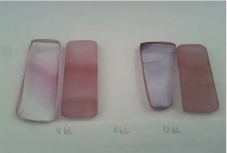 Figure 6a. Picture of the clear glass samples and samples with texture using 600  o C for 1 hour; 4bl, 12bl; Au 0.002 g/ml