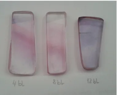 Figure 8a. Picture of the clear glass samples using 600  o C for 1 hour; 4bl, 8bl, 12bl; Au 0.002 g/ml