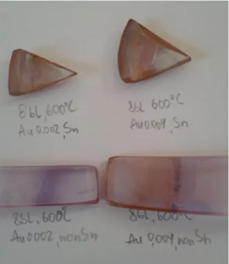 Figure 10a. Clear glass samples using 600  o C; 8bl; Au 0.002 g/ml, 0.004 g/ml; two of the samples have Sn