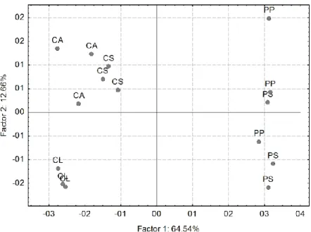 Fig. 4. Projection diagram of the cases on the factor plane (Factor 1 vs. Factor 2): CA, C