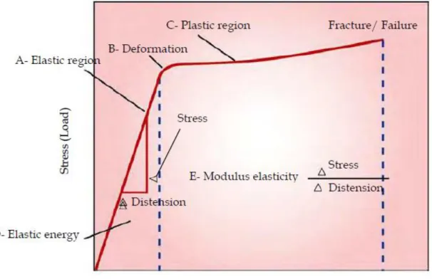 Figure 2.5 – Representation of a stress-distension curve. The elastic region (A) represents a region  where bone has the capability to restore its initial form