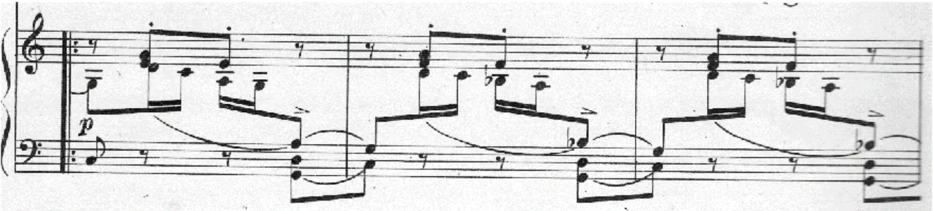 Fig. 1 – Figura rítmica que remete ao baião, presente na linha do piano – Partitura  Quatro Cantigas –  Editora Ricordi Americana, 1958 