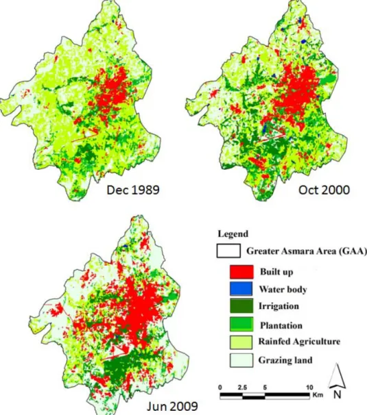 Figure 4. Landuse landcover (LULC) maps obtained from image classification of the three  study periods