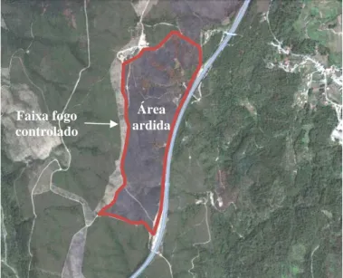 Figura 10 – Influência da presença de faixas de fogo  controlado na configuração de um incêndio florestal  (incêndio ocorrido no ano de 2010 em Caminha) 