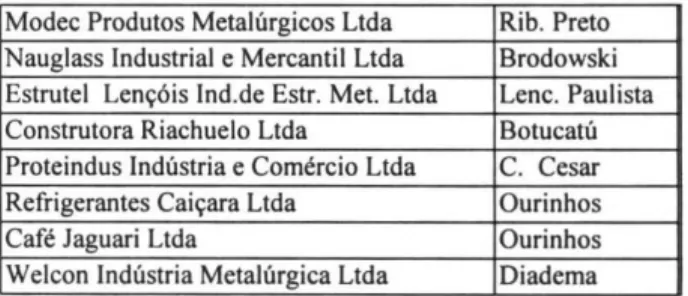 Tabela 1 - Relação das Pequenas e Médias Empresas Consultadas 