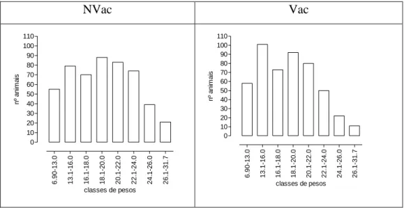 Figura 8 - Frequências  do  peso  dos  leitões  à   entrada  para  a  engorda  no  grupo  de  porcas  NVac e no grupo de porcas Vac