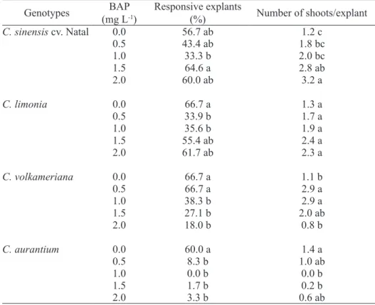 TABLE 1 - In vitro organogenesis from epicotyl segments-derived explants from Citrus sinensis cv