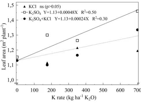 FIGURE 2  - Leaf area of pineapple plants influenced by rates and sources of potassium