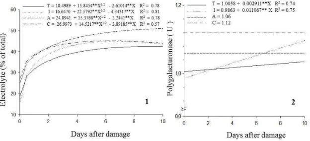 FIGURE  3 – Leak of solutes (1) and polygalacturonase activity (2) of papaya submitted or not (t) to  mechanical damage by impact (I), abrasion (A) and compression (C) and stored in cold chamber  (15 ° C and 85 ± 5% Rh) for 10 days.