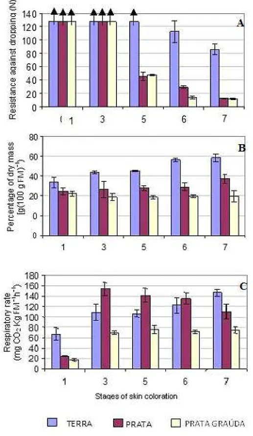 FIGURE 1- Dropping resistance (A), percentage of dry mass of pedicel (B) and respiratory rate (C) of 