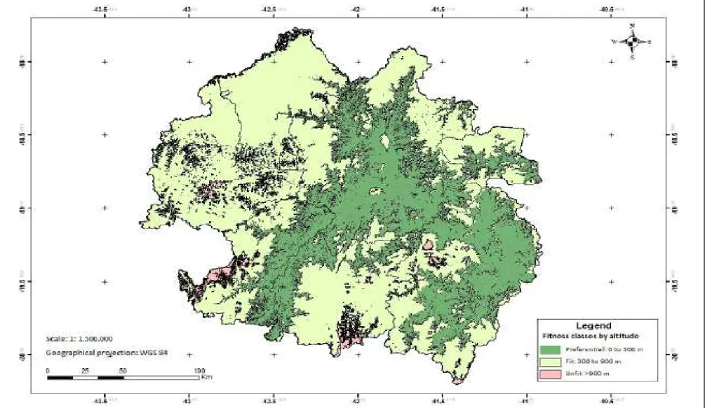 FIGURE 3 – Altitude zones for the cultivation of banana in the mesoregion of Vale do Rio Doce.gend /  classes de aptidão por elevação= Classes of aptitude for 