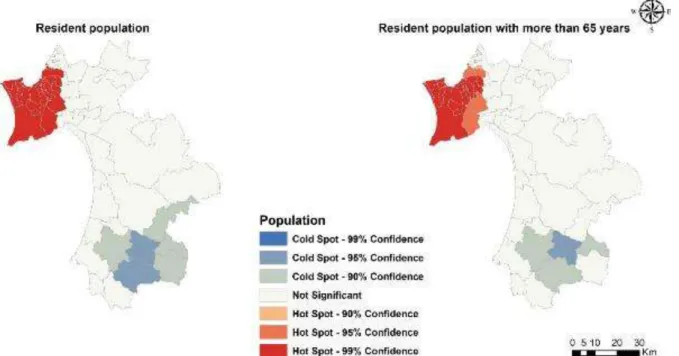 Figure 2 - Hot spot analysis with Resident population data (left) and population over 65 years (right)