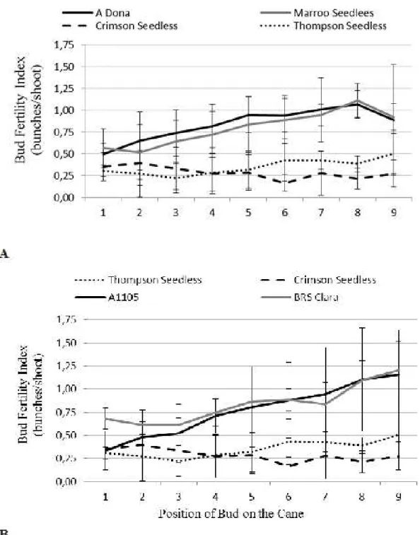 FIGURE 2-  Mean values and standard deviation of fertility indexes by bud position on the cane of two  red grape cultivars (A) and white grape cultivars (B) compared to the commercial ‘Crimson  Seedless’ and ‘Thompson Seedless’.