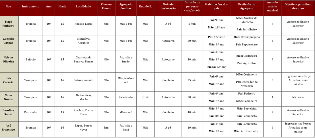 Tabela 1 Caracterização dos alunos do ensemble de metais 