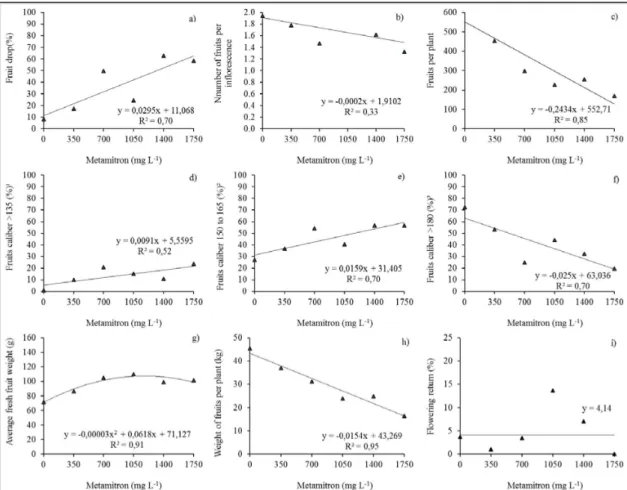 FIGURE 1  - Fruit drop (a), average number of fruits per inflorescence (b), fruits per plant (c); distribution  of fruit by size class (d, e, f): (1) > 135 (fruit weighing more than 141 g); (2) 150 to 165 (fruits  with weight ranging from 105 to 141g); 
