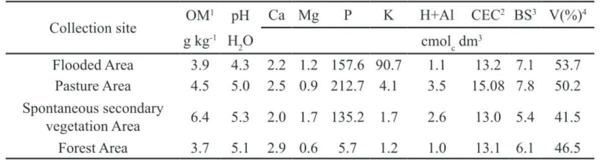 TABLE 1-  Result of the analysis of soil chemical attributes in the different environments within the study area.