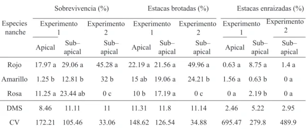 CUADRO 2- Variables evaluadas en estacas apicales y sub–apicales de los tres nanches.