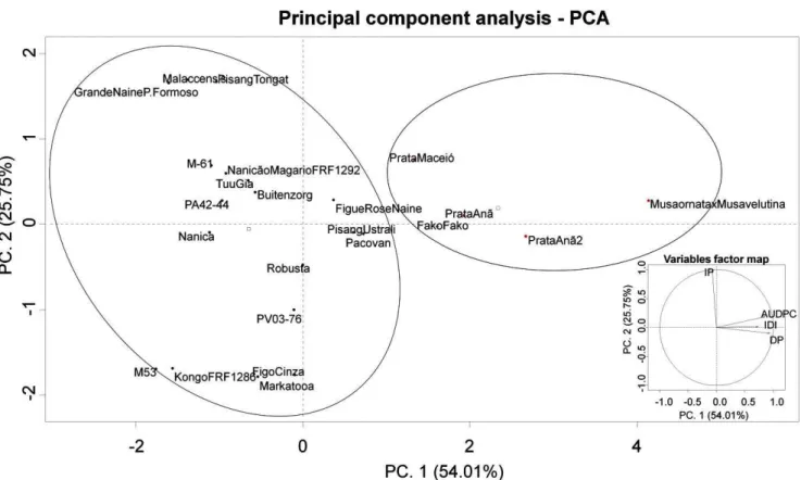 Figure 1. Principal component analysis of Experiment 1, based on the internal disease index (IDI), area under the  disease progress curve (AUDPC), number of dead plants (DP) and incubation period (IP)