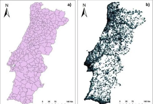Figure 8 - a) Portuguese boundaries and b) distribution 