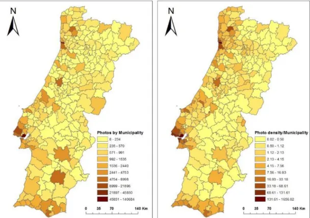 Figure 10 - Flickr photos frequency distribution by municipalities: absolute number of photos  (left) and normalized by area (right) 