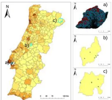 Figure 11 - Spatial distribution of Flickr photos over the municipalities of Lisboa (a), Pedrógão  Grande (b) and Vimioso (c) 