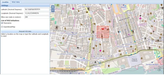 Figure 4. Initial interface for the photo interpretation use case (note: the pin and square represent,  respectively, the selected location and the bounding box used in requesting data from the initiatives)